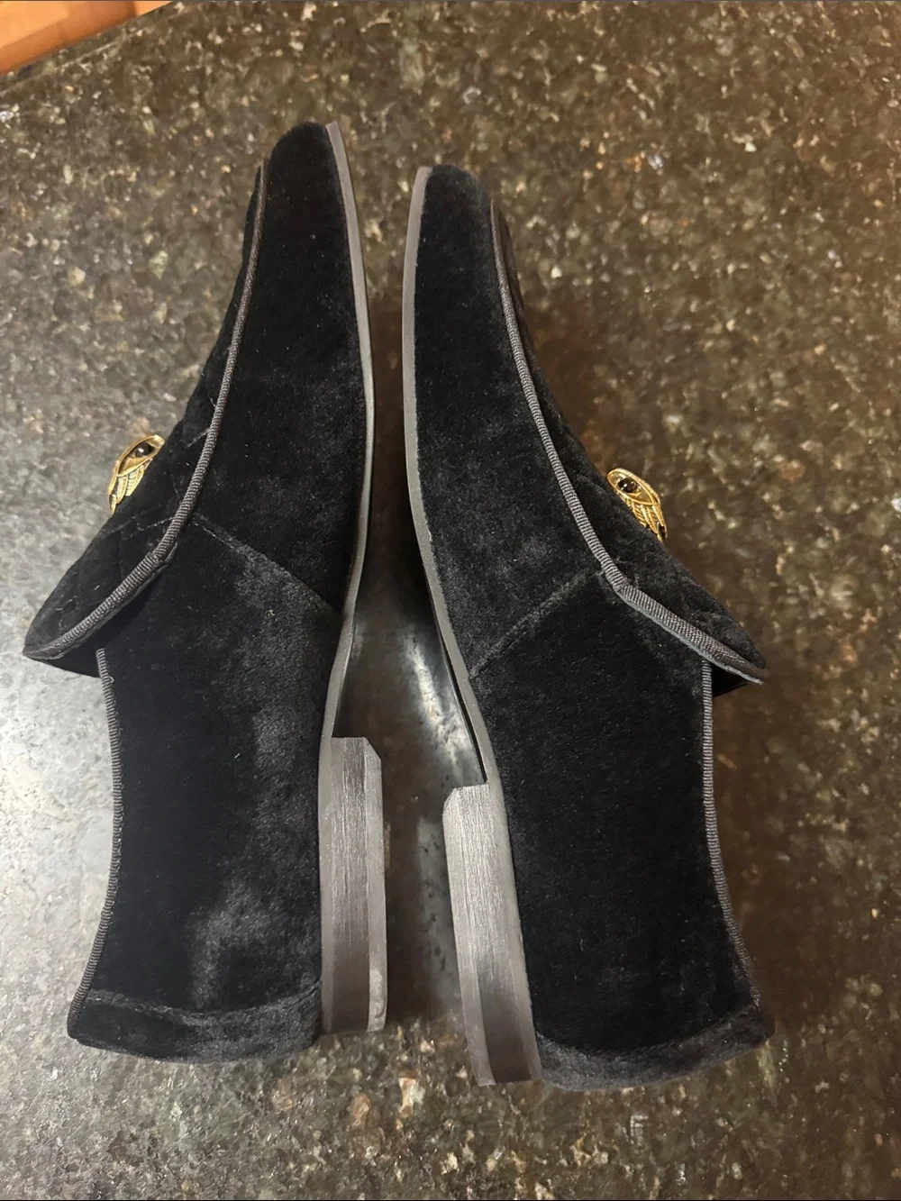 NEW NEW Black Velvet Men’s Slip-On Loafers with Gold Emblem